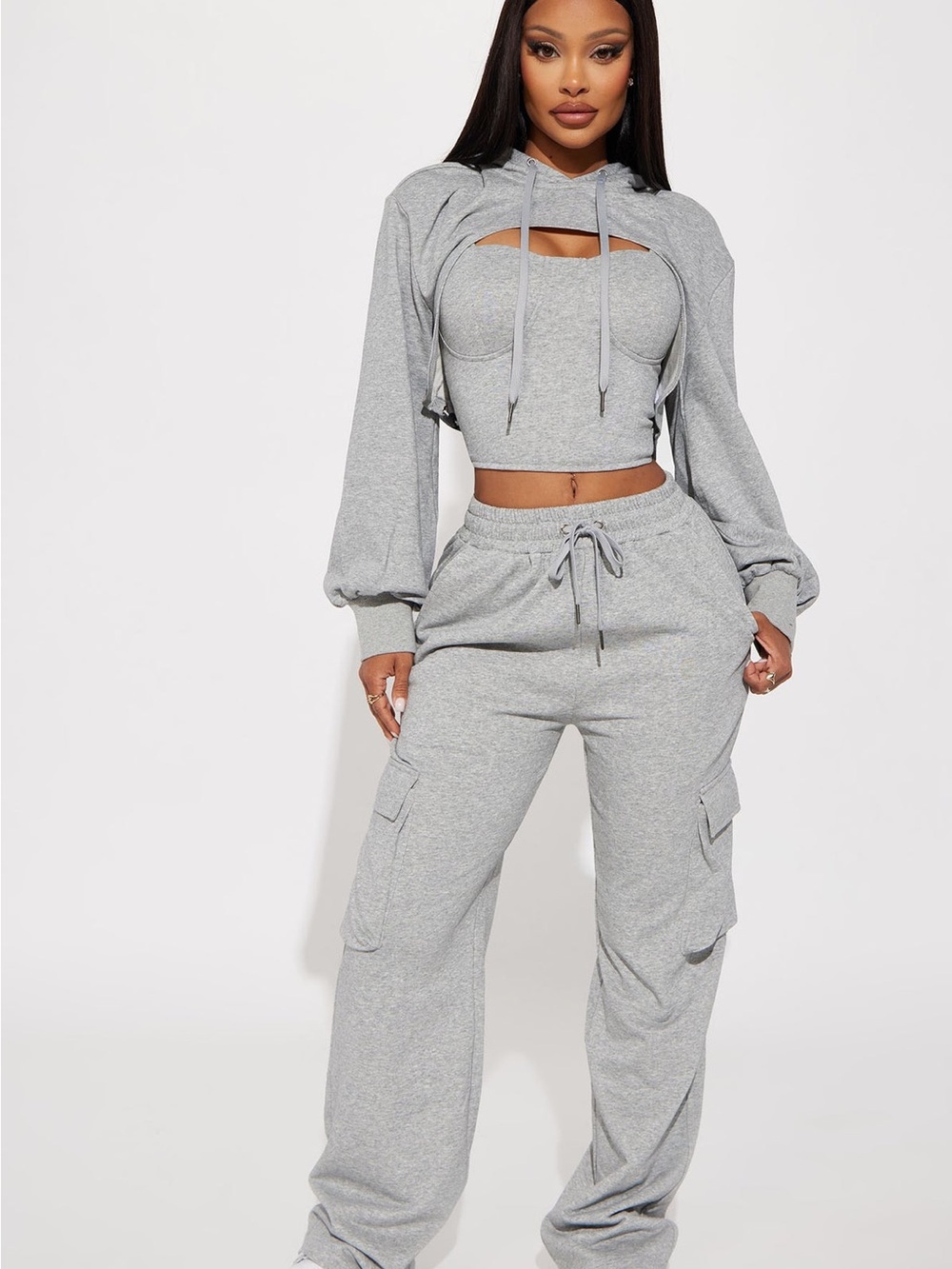 Fashion nova Light Gray tank and crop Hoodie and pant Set